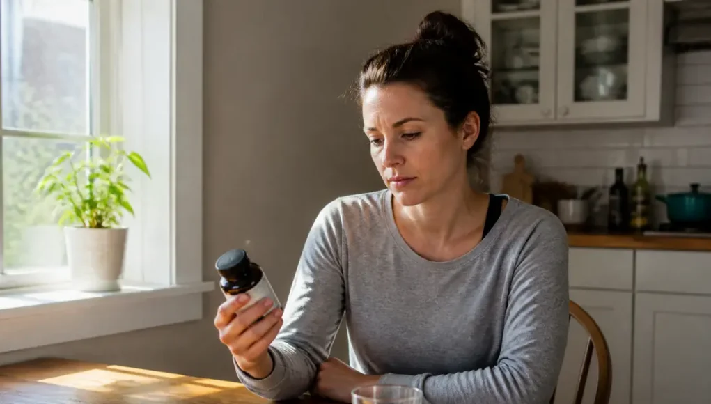 Une femme mature examine attentivement une bouteille de GLP Formula avis métabolisme sur sa table de cuisine lumineuse