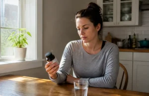 GLP Formula avis : quel effet réel sur le métabolisme ? Une femme mature examine attentivement une bouteille de GLP Formula avis métabolisme sur sa table de cuisine lumineuse