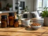 Hollis avis : efficacité et tolérance des cures maternité Flacons de compléments alimentaires et tasse de tisane sur une table claire pour illustrer les Hollis avis
