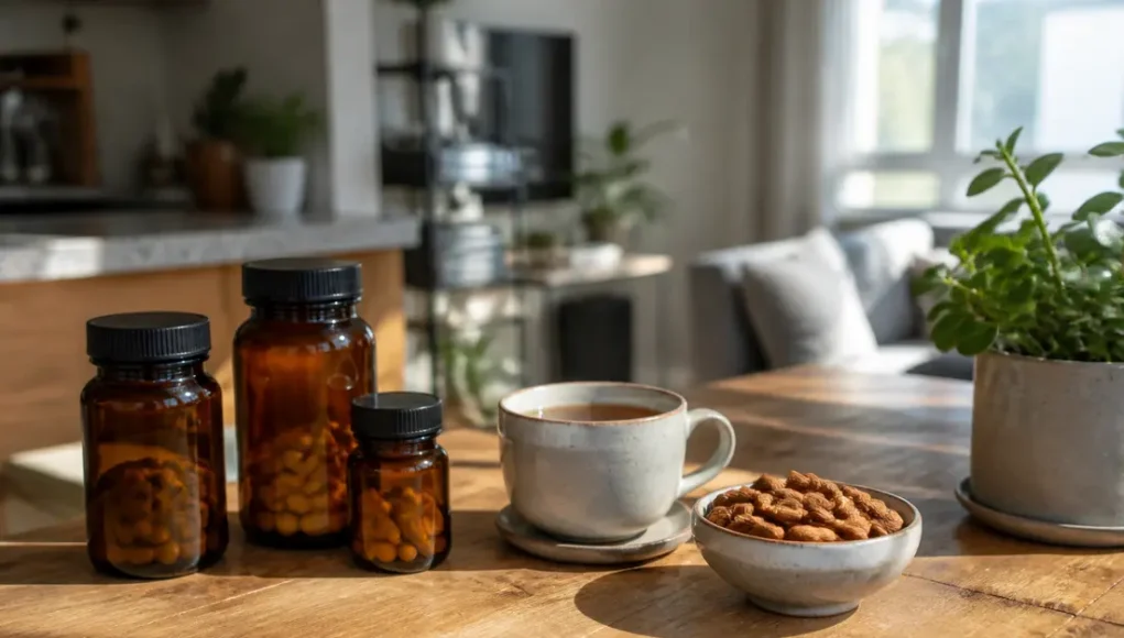 Flacons de compléments alimentaires et tasse de tisane sur une table claire pour illustrer les Hollis avis