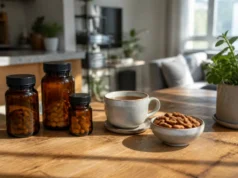 Hollis avis : efficacité et tolérance des cures maternité Flacons de compléments alimentaires et tasse de tisane sur une table claire pour illustrer les Hollis avis