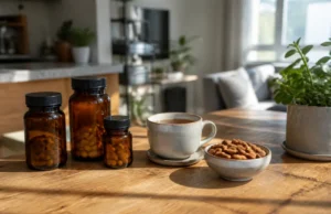 Hollis avis : efficacité et tolérance des cures maternité Flacons de compléments alimentaires et tasse de tisane sur une table claire pour illustrer les Hollis avis