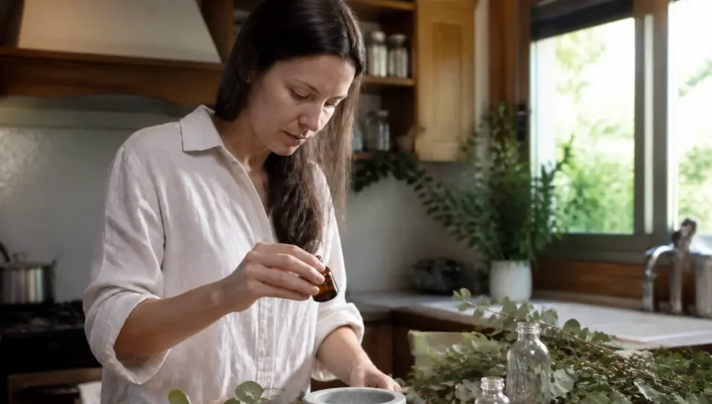 Flacon d'huile essentielle de ravintsara bienfaits posé sur un plan de travail en bois avec des herbes fraîches