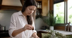 Huile essentielle de ravintsara : bienfaits ORL et sur la peau Flacon d'huile essentielle de ravintsara bienfaits posé sur un plan de travail en bois avec des herbes fraîches