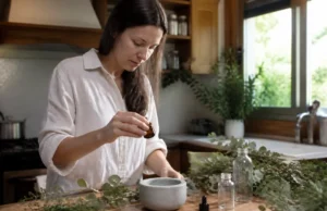 Huile essentielle de ravintsara : bienfaits ORL et sur la peau Flacon d'huile essentielle de ravintsara bienfaits posé sur un plan de travail en bois avec des herbes fraîches