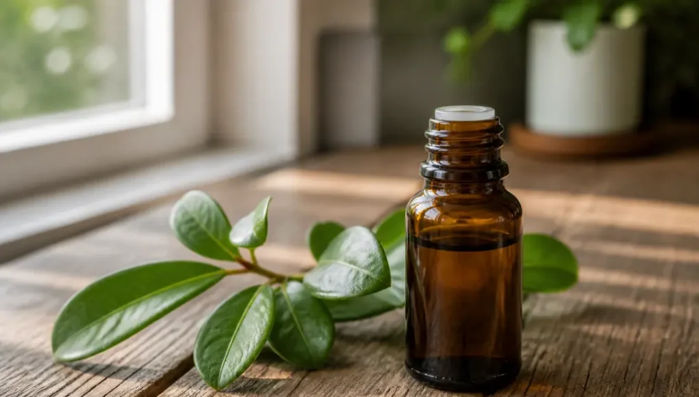 Huile essentielle pour torticolis : gaulthérie pure ou diluée ? Flacon d'huile essentielle pour torticolis posé sur une table en bois avec des feuilles fraîches