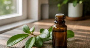 Huile essentielle pour torticolis : gaulthérie pure ou diluée ? Flacon d'huile essentielle pour torticolis posé sur une table en bois avec des feuilles fraîches