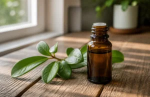 Huile essentielle pour torticolis : gaulthérie pure ou diluée ? Flacon d'huile essentielle pour torticolis posé sur une table en bois avec des feuilles fraîches