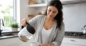 Indiva System avis perte de poids : que valent ces gélules ? Femme préparant une boisson chaude en cuisine pour l'article Indiva System avis perte poids