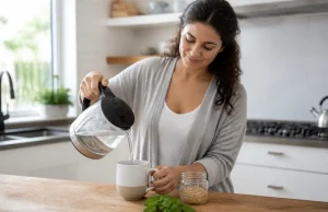 Indiva System avis perte de poids : que valent ces gélules ? Femme préparant une boisson chaude en cuisine pour l'article Indiva System avis perte poids