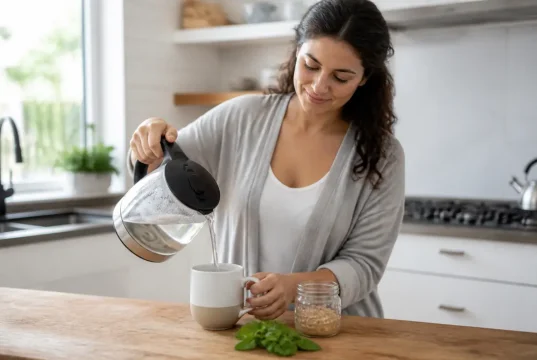 Indiva System avis perte de poids : que valent ces gélules ? Femme préparant une boisson chaude en cuisine pour l'article Indiva System avis perte poids