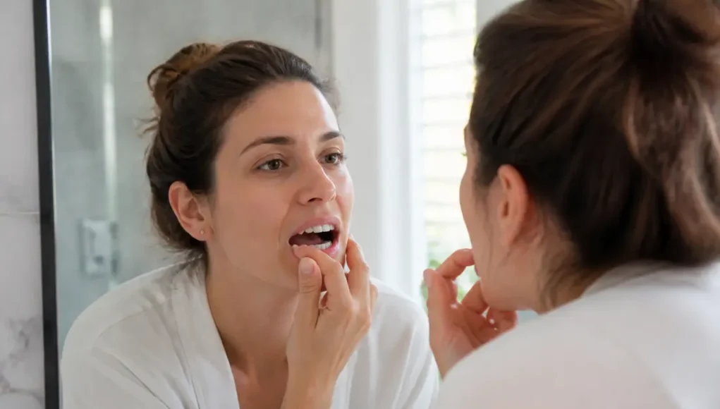 Jaunissement des dents : taches d'émail ou dentine visible ? Femme examinant son sourire devant son miroir de salle de bain pour comprendre le jaunissement des dents
