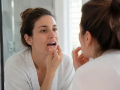 Jaunissement des dents : taches d’émail ou dentine visible ? Femme examinant son sourire devant son miroir de salle de bain pour comprendre le jaunissement des dents
