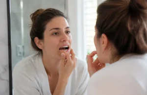 Jaunissement des dents : taches d’émail ou dentine visible ? Femme examinant son sourire devant son miroir de salle de bain pour comprendre le jaunissement des dents