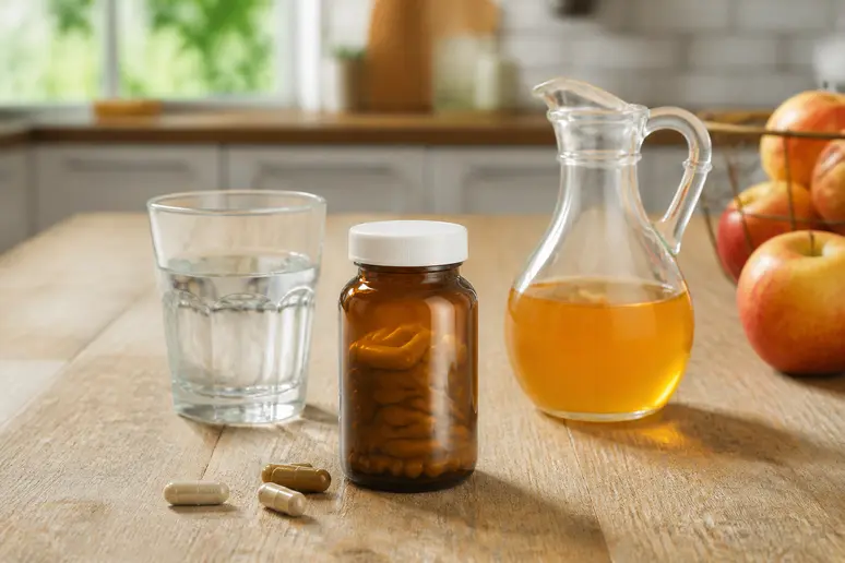 Flacon de compléments alimentaires LeanCaps et bouteille de vinaigre de cidre sur une table