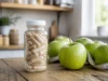 LeanCaps avis : que vaut cette cure au vinaigre de cidre ? Un flacon de complément alimentaire et des pommes sur une table en bois pour leancaps avis