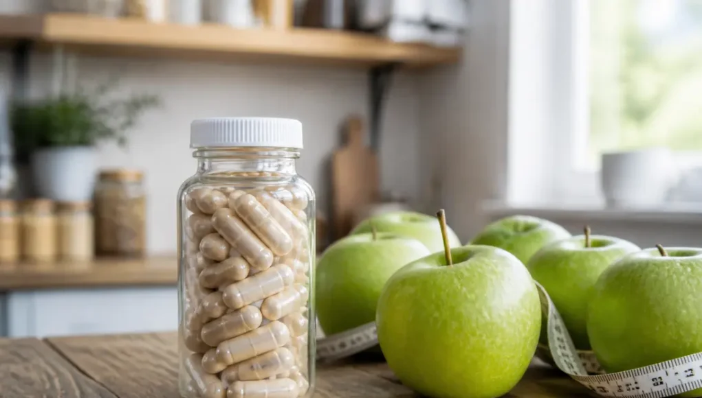 Un flacon de complément alimentaire et des pommes sur une table en bois pour leancaps avis