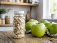 LeanCaps avis : que vaut cette cure au vinaigre de cidre ? Un flacon de complément alimentaire et des pommes sur une table en bois pour leancaps avis