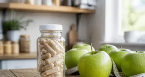 LeanCaps avis : que vaut cette cure au vinaigre de cidre ? Un flacon de complément alimentaire et des pommes sur une table en bois pour leancaps avis