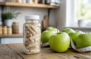 LeanCaps avis : que vaut cette cure au vinaigre de cidre ? Un flacon de complément alimentaire et des pommes sur une table en bois pour leancaps avis