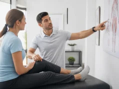 Technique du dry needling : vrai risque de pneumothorax ? Un praticien explique la dry needling technique dans un cabinet médical lumineux.