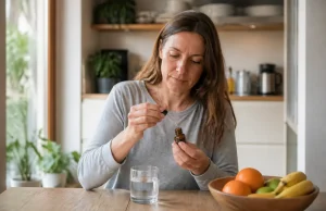 Nemanex avis : efficacité des gouttes et alertes médicales Femme préparant sa cure de bien-être à la maison avec des gouttes nemanex avis sur une table