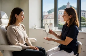 Modifier un nez en trompette pour effacer une sur-correction Une patiente et un médecin discutent lors d'une consultation pour modifier nez en trompette dans un cabinet.