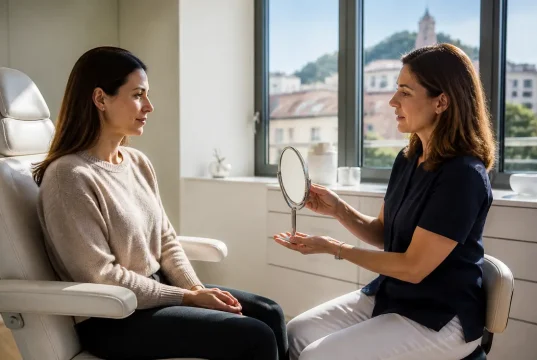 Modifier un nez en trompette pour effacer une sur-correction Une patiente et un médecin discutent lors d'une consultation pour modifier nez en trompette dans un cabinet.
