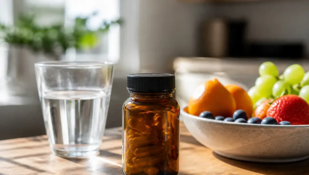 Flacon de complément alimentaire et verre d'eau sur une table de cuisine pour illustrer Nourix avis.