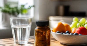 Nourix : notre avis sur ces gélules et les alertes conso Flacon de complément alimentaire et verre d'eau sur une table de cuisine pour illustrer Nourix avis.