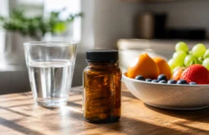 Nourix : notre avis sur ces gélules et les alertes conso Flacon de complément alimentaire et verre d'eau sur une table de cuisine pour illustrer Nourix avis.