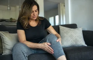 Douleur de la patte d’oie au genou confondue avec le ménisque Femme assise sur un canapé touchant son genou pour soulager une douleur patte d'oie genou.