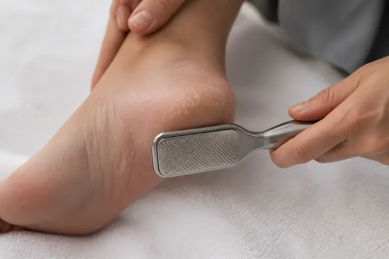 Utilisation d'une râpe double face en acier inoxydable sur le talon pour le peeling pieds lovaskin avis