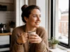 Personnes solaires : rayonnement réel ou positivité toxique ? Une femme souriante tient une tasse chaude près d'une fenêtre ensoleillée, incarnant les personnes solaires au quotidien.