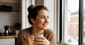 Personnes solaires : rayonnement réel ou positivité toxique ? Une femme souriante tient une tasse chaude près d'une fenêtre ensoleillée, incarnant les personnes solaires au quotidien.