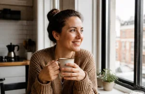 Personnes solaires : rayonnement réel ou positivité toxique ? Une femme souriante tient une tasse chaude près d'une fenêtre ensoleillée, incarnant les personnes solaires au quotidien.