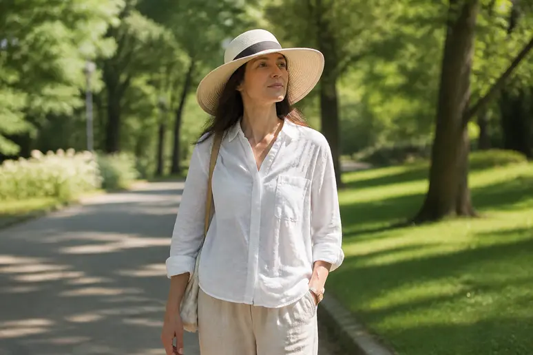 Personne portant un chapeau et des vêtements couvrants pour se protéger des rayonnements solaires.