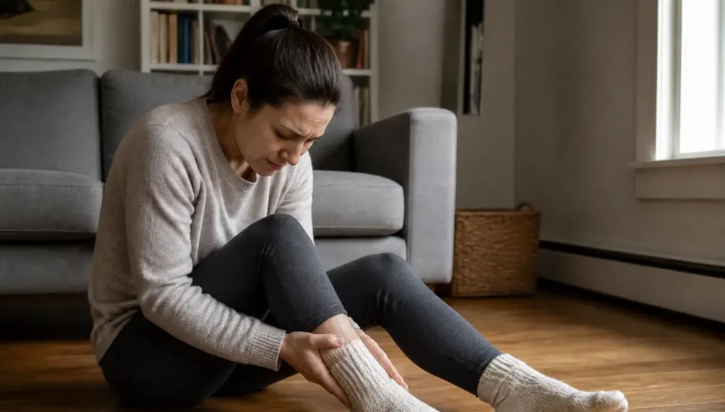 Sens du pied gauche qui gratte entre présage et mycose Une personne assise chez elle examine sa cheville avec un pied gauche qui gratte signification.