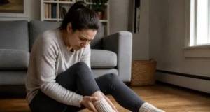 Sens du pied gauche qui gratte entre présage et mycose Une personne assise chez elle examine sa cheville avec un pied gauche qui gratte signification.