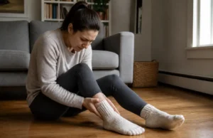 Sens du pied gauche qui gratte entre présage et mycose Une personne assise chez elle examine sa cheville avec un pied gauche qui gratte signification.