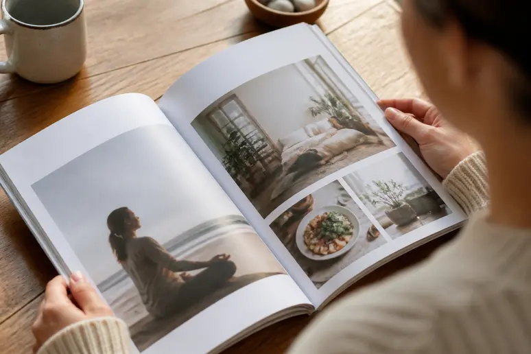 Lecture d'un magazine de bien-être et de psychologie positive sur une table en bois