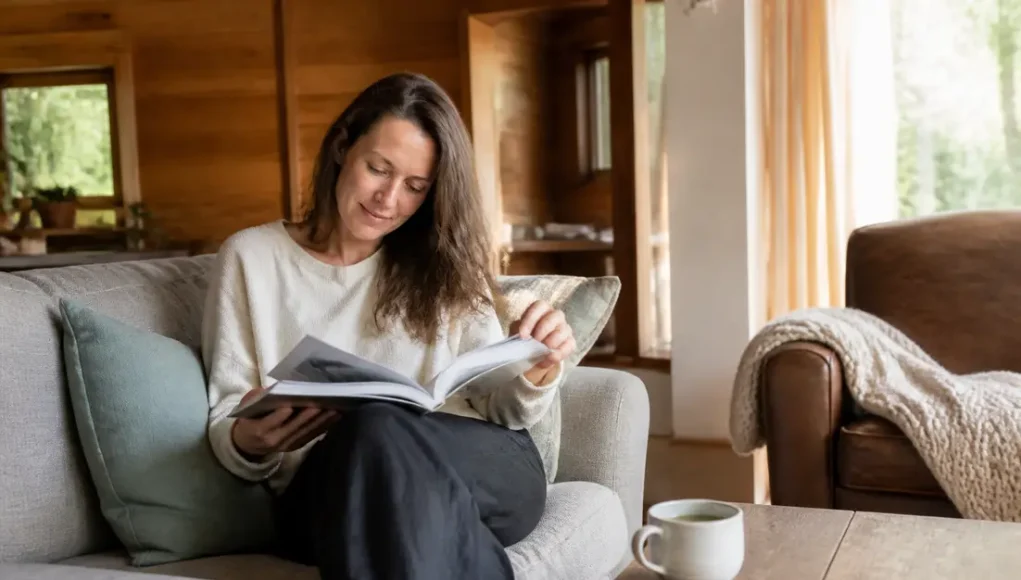 Une femme feuillette un magazine bien-être dans son salon lumineux lors d'un psychologie positive magazine abonnement