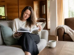 Le magazine Psychologie Positive et son abonnement bimestriel Une femme feuillette un magazine bien-être dans son salon lumineux lors d'un psychologie positive magazine abonnement