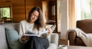 Le magazine Psychologie Positive et son abonnement bimestriel Une femme feuillette un magazine bien-être dans son salon lumineux lors d'un psychologie positive magazine abonnement