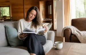 Le magazine Psychologie Positive et son abonnement bimestriel Une femme feuillette un magazine bien-être dans son salon lumineux lors d'un psychologie positive magazine abonnement