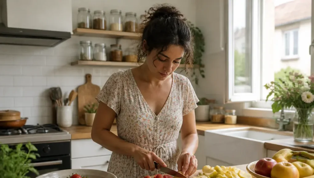 Une femme découpe des fruits frais sur une planche en bois dans le cadre d'un régime sans sucre équilibré.