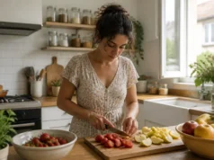 Régime sans sucre : faut-il aussi supprimer les fruits ? Une femme découpe des fruits frais sur une planche en bois dans le cadre d'un régime sans sucre équilibré.