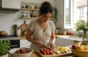 Régime sans sucre : faut-il aussi supprimer les fruits ? Une femme découpe des fruits frais sur une planche en bois dans le cadre d'un régime sans sucre équilibré.
