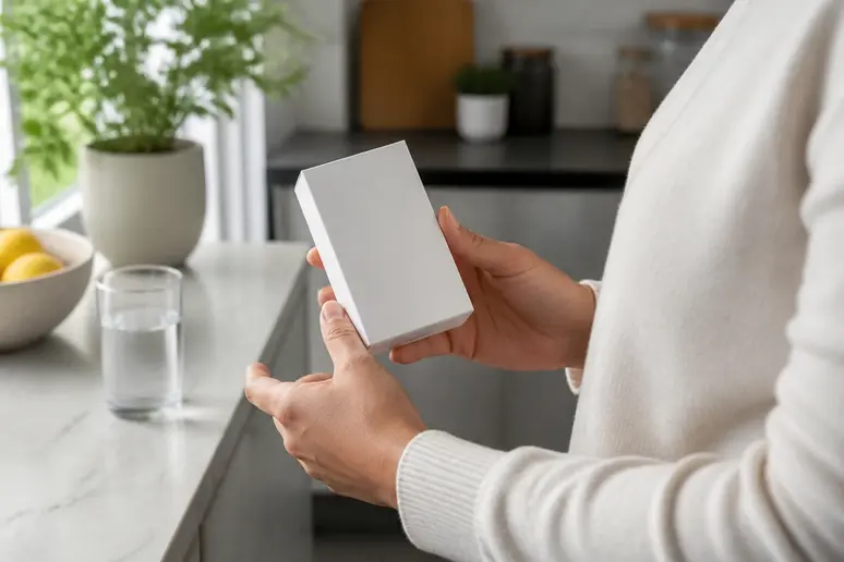 Boîte de complément minceur tenue entre les mains dans une cuisine lumineuse