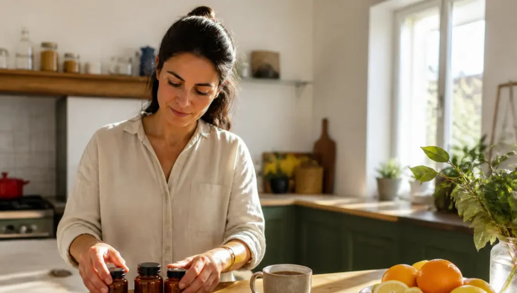 Slimpal avis : ce que révèlent les retours des utilisateurs Une bouteille de complément alimentaire sur une table de cuisine avec Slimpal avis et une tasse de thé